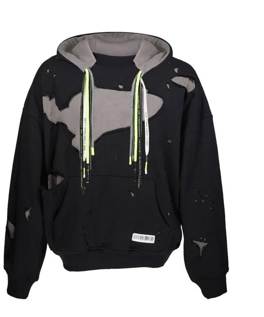 LAYERED DISTRESSED COTTON HOODIE